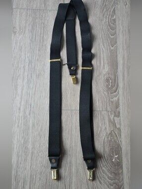 Pelican USA Black Elastic Suspenders Braces Gold Tone Leather Tab Clip Y-Back